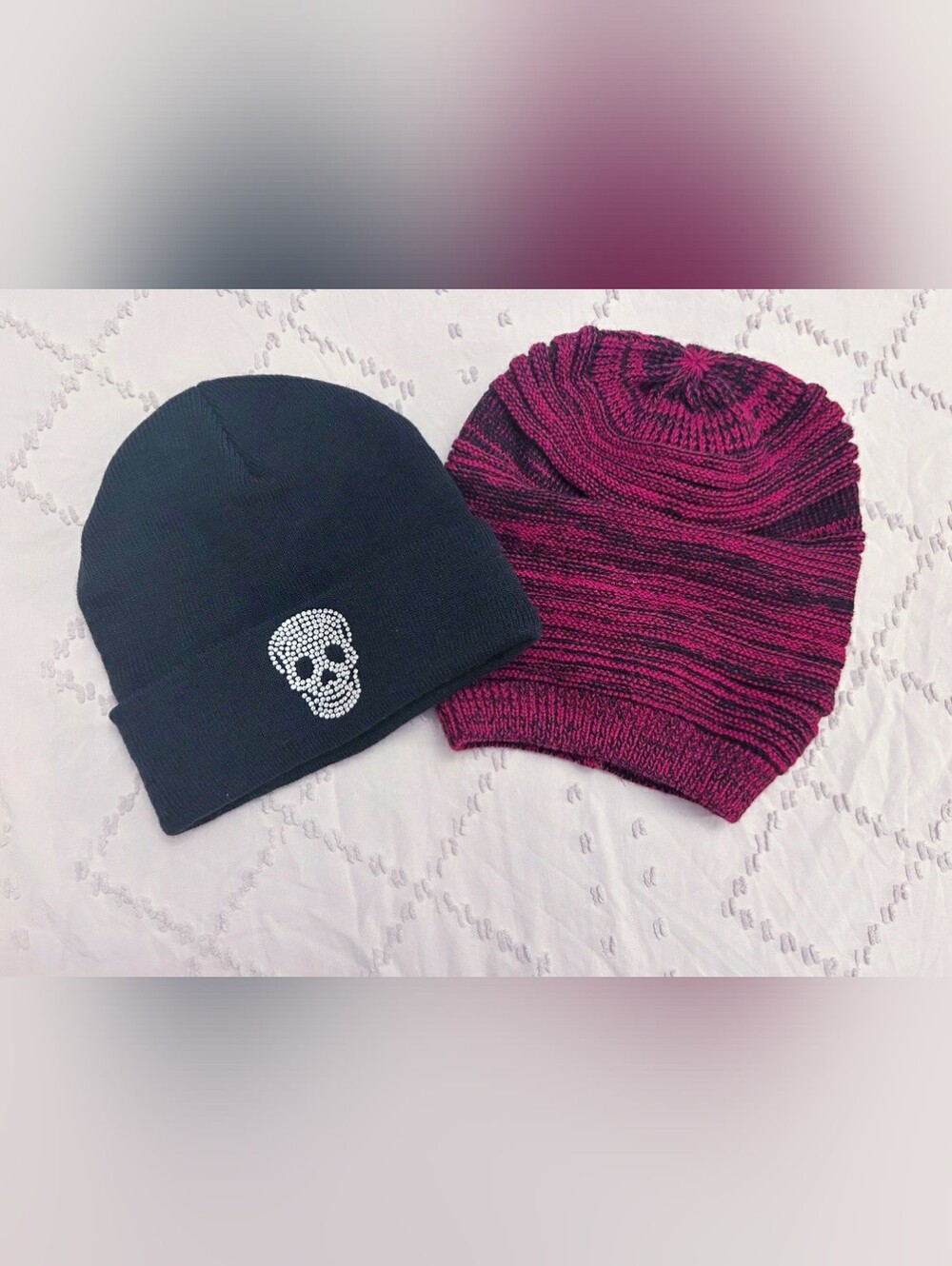 RHINSTONE SKULL BEANIE & BURGANDY BEANIE